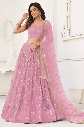 DUSTY PINK NET SEQUIN EMBROIDERED LEHENGA SET WITH CHOLI AND DUPATTA