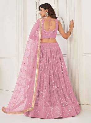 DUSTY PINK NET SEQUIN EMBROIDERED LEHENGA SET WITH CHOLI AND DUPATTA 4