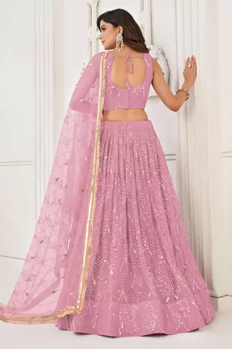 DUSTY PINK NET SEQUIN EMBROIDERED LEHENGA SET WITH CHOLI AND DUPATTA