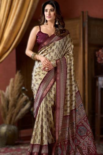 cream cluster digital saree with jacquard border & jhallar