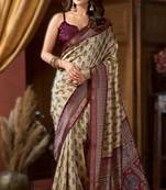 cream cluster digital saree with jacquard border & jhallar
