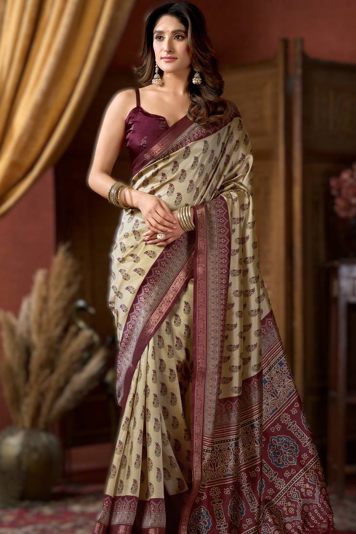 cream cluster digital saree with jacquard border & jhallar