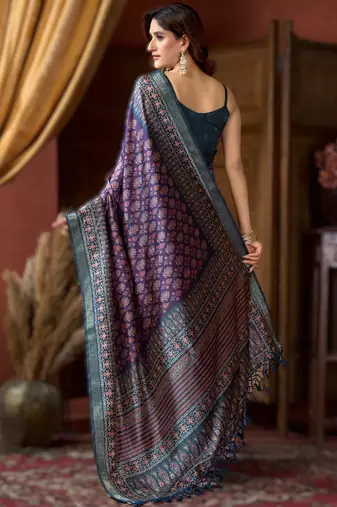 purple cluster digital saree with jacquard border & jhallar