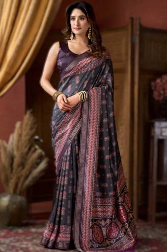 Purple cluster digital saree with jacquard border & jhallar