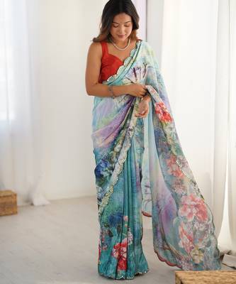Women's multicolor chinon digital printed designer saree with blouse 1