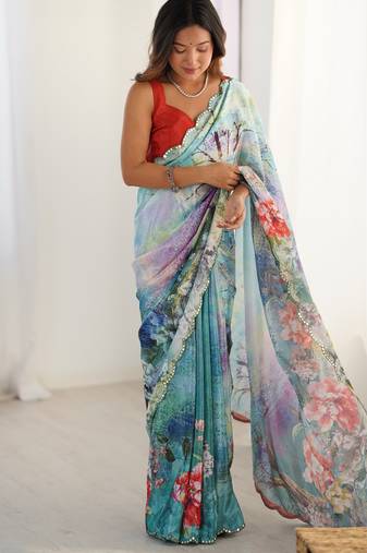 Women's multicolor chinon digital printed designer saree with blouse