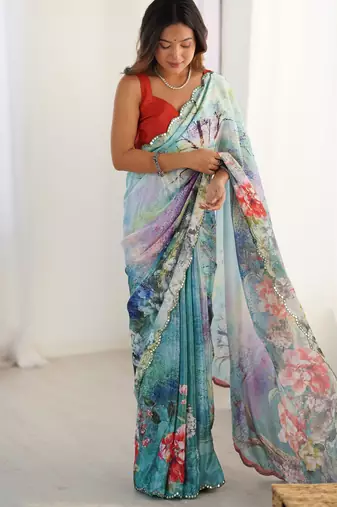 Women's multicolor chinon digital printed designer saree with blouse
