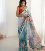 Women's multicolor chinon digital printed designer saree with blouse