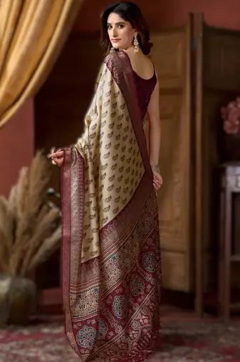 cream cluster digital saree with jacquard border & jhallar
