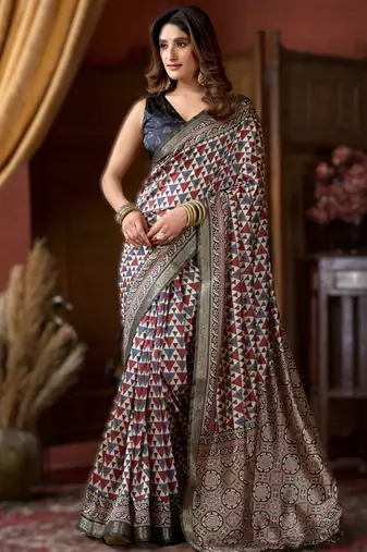off white cluster digital saree with jacquard border & jhallar
