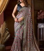 off white cluster digital saree with jacquard border & jhallar