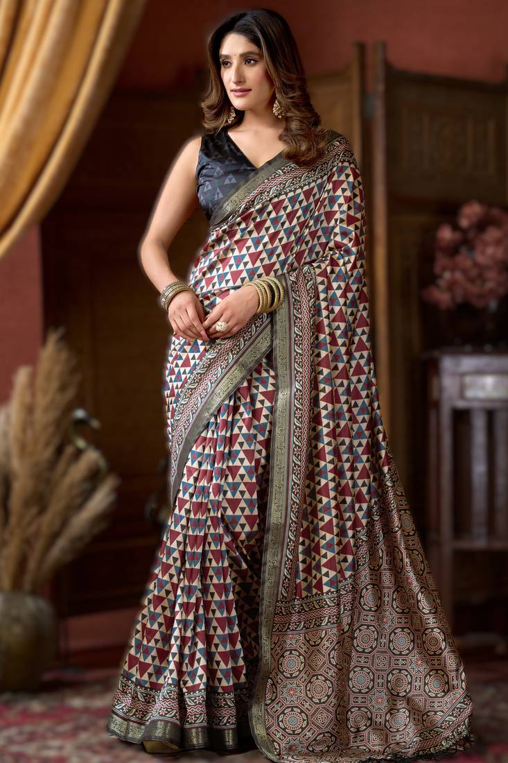 off white cluster digital saree with jacquard border & jhallar