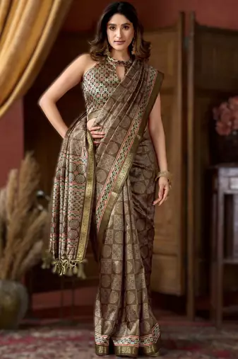 mehendi cluster digital saree with jacquard border & jhallar