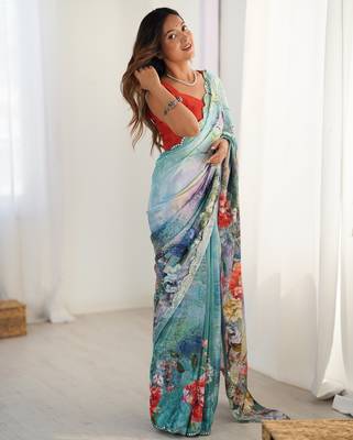 Women's multicolor chinon digital printed designer saree with blouse 2