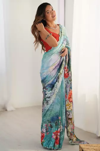 Women's multicolor chinon digital printed designer saree with blouse