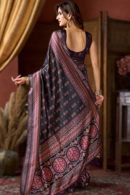 Purple cluster digital saree with jacquard border & jhallar 2