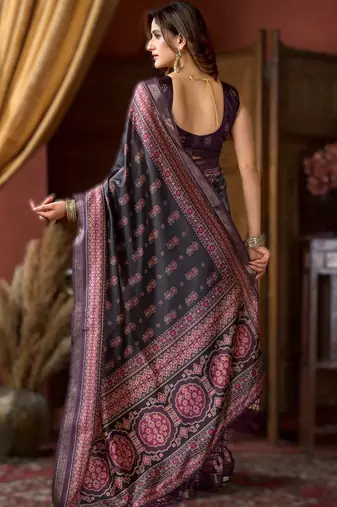 Purple cluster digital saree with jacquard border & jhallar