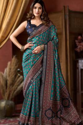 blue cluster digital saree with jacquard border & jhallar 1