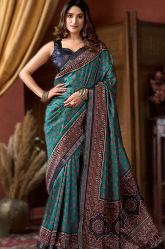 blue cluster digital saree with jacquard border & jhallar