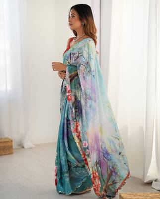 Women's multicolor chinon digital printed designer saree with blouse 3