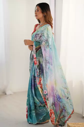 Women's multicolor chinon digital printed designer saree with blouse