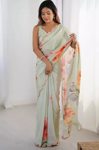 Women's pista green chinon digital printed designer saree with blouse