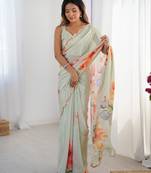 Women's pista green chinon digital printed designer saree with blouse
