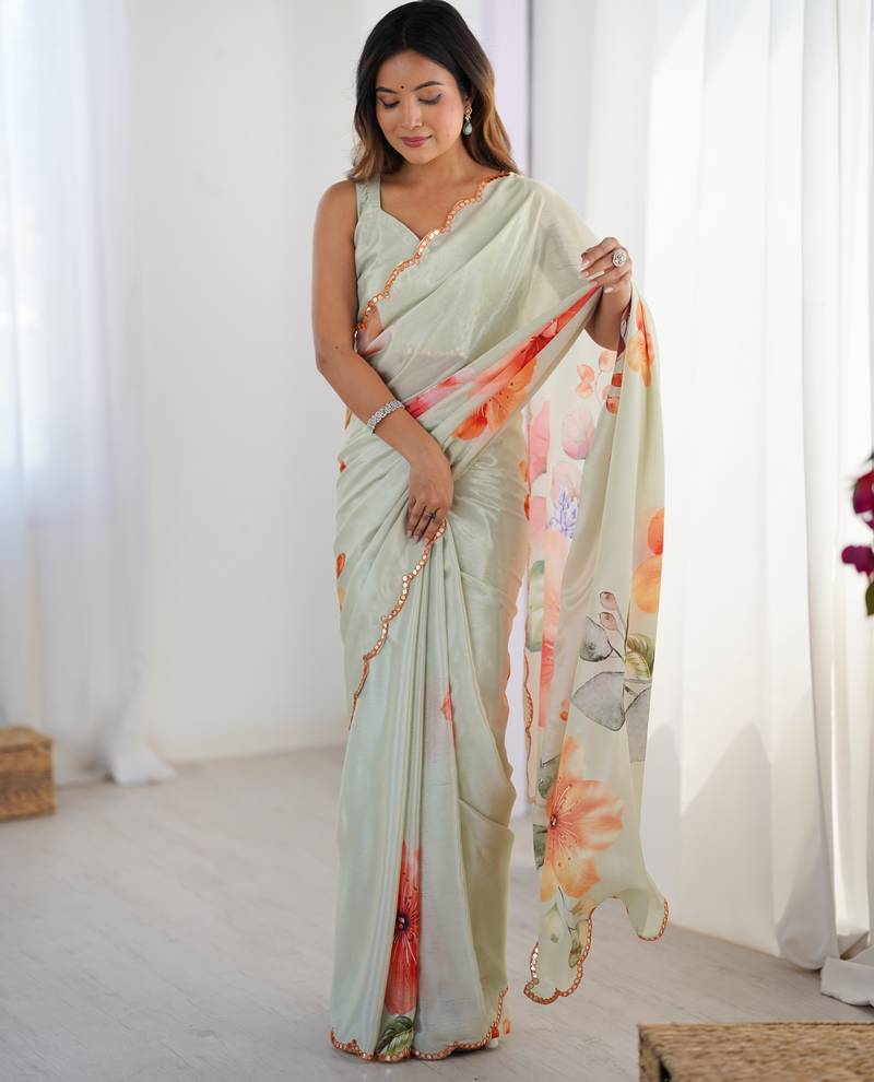 Women's pista green chinon digital printed designer saree with blouse