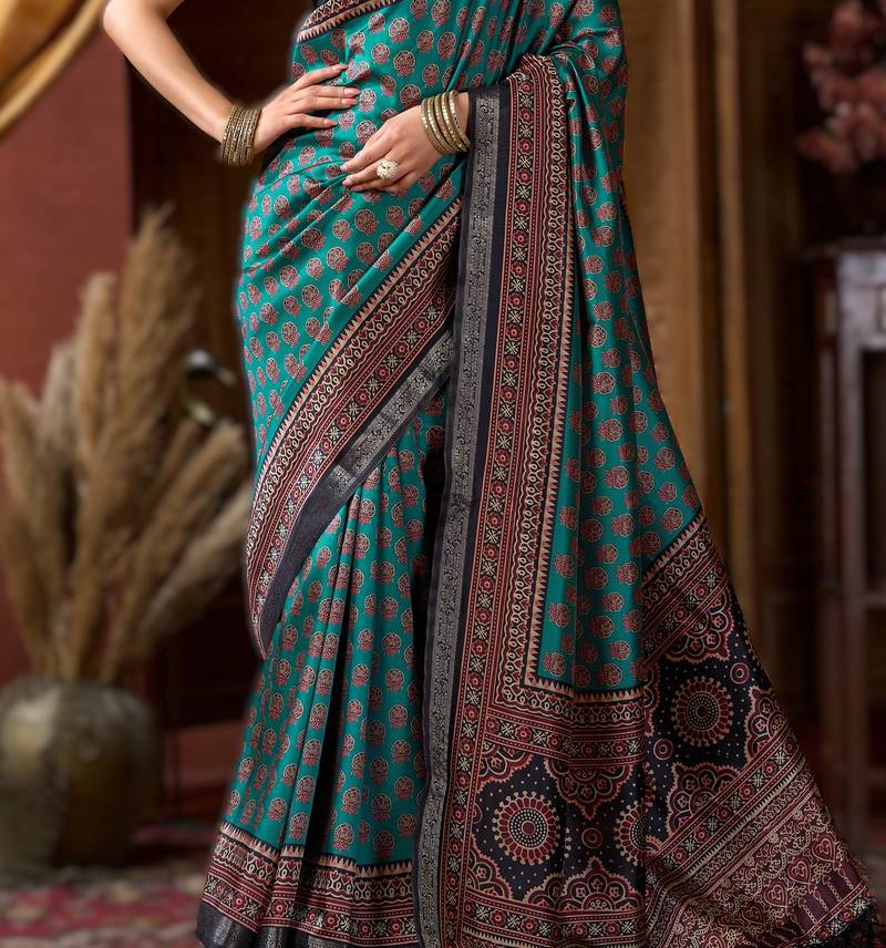blue cluster digital saree with jacquard border & jhallar