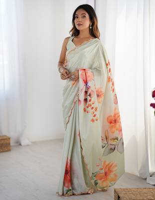 Women's pista green chinon digital printed designer saree with blouse 3