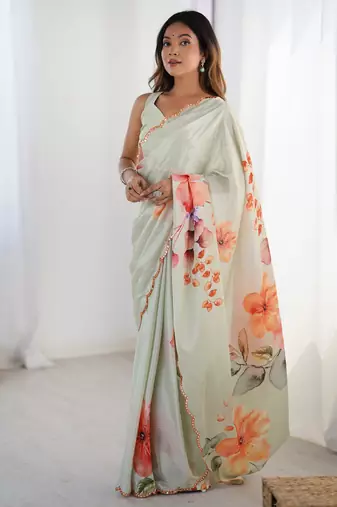 Women's pista green chinon digital printed designer saree with blouse
