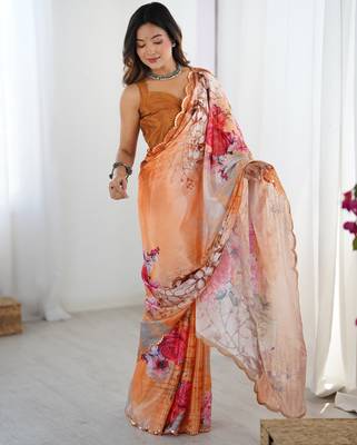 Women's multicolor chinon digital printed designer saree with blouse 1