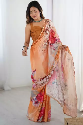 Women's multicolor chinon digital printed designer saree with blouse