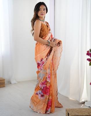 Women's multicolor chinon digital printed designer saree with blouse 2