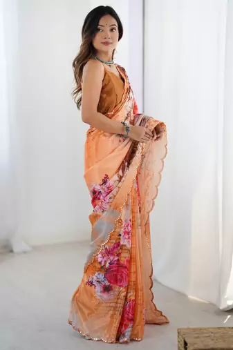 Women's multicolor chinon digital printed designer saree with blouse