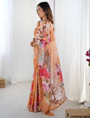 Women's multicolor chinon digital printed designer saree with blouse 3
