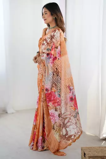 Women's multicolor chinon digital printed designer saree with blouse
