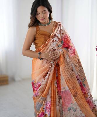 Women's multicolor chinon digital printed designer saree with blouse 4