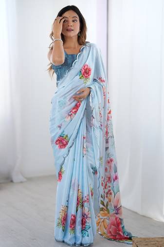 Women's sky blue chinon digital printed designer saree with blouse