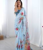 Women's sky blue chinon digital printed designer saree with blouse