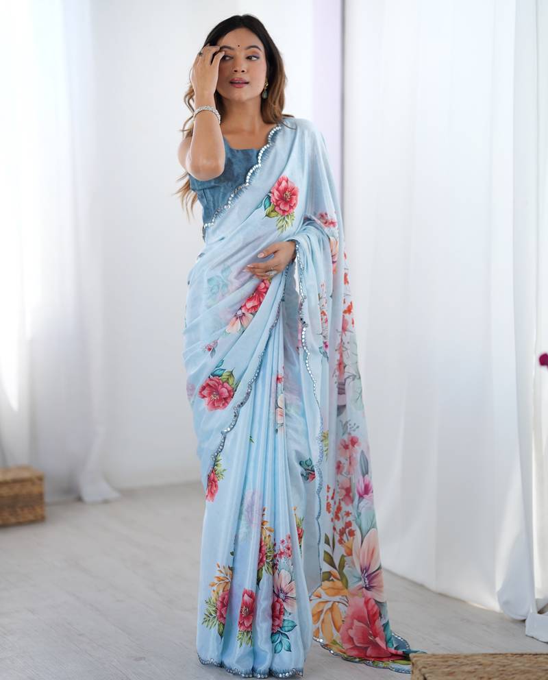 Women's sky blue chinon digital printed designer saree with blouse