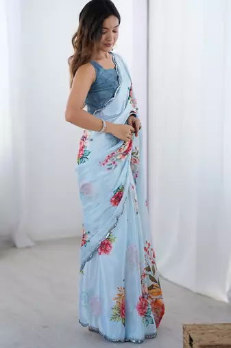 Women's sky blue chinon digital printed designer saree with blouse