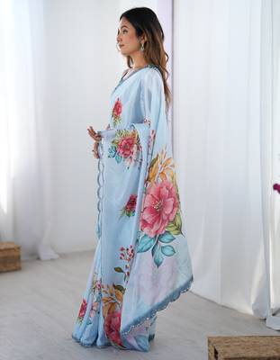 Women's sky blue chinon digital printed designer saree with blouse 3