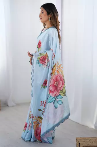 Women's sky blue chinon digital printed designer saree with blouse