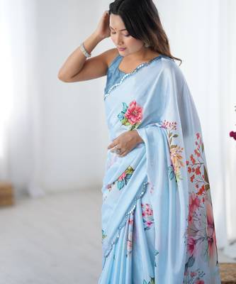 Women's sky blue chinon digital printed designer saree with blouse 4