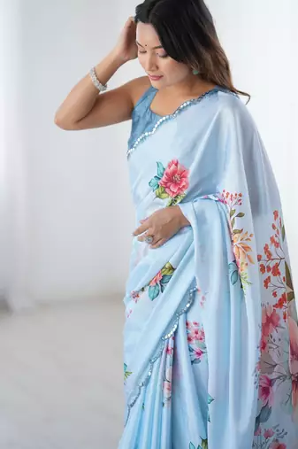 Women's sky blue chinon digital printed designer saree with blouse