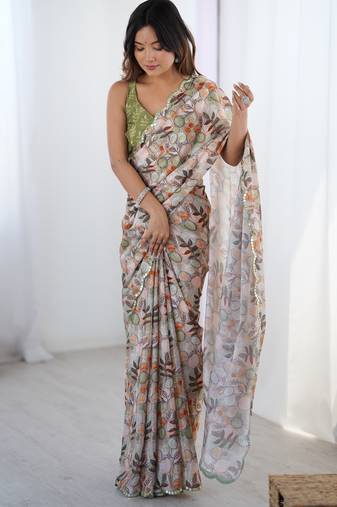 Women's multicolor chinon digital printed designer saree with blouse