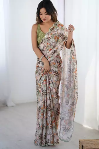 Women's multicolor chinon digital printed designer saree with blouse