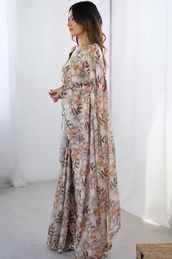 Women's multicolor chinon digital printed designer saree with blouse