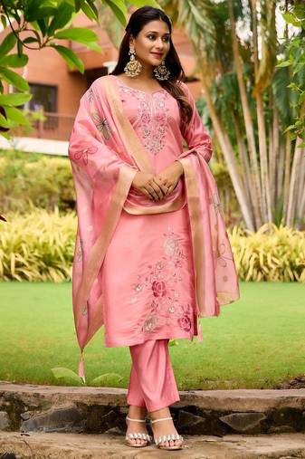 pink embroidered roman straight kurta pant and dupatta set